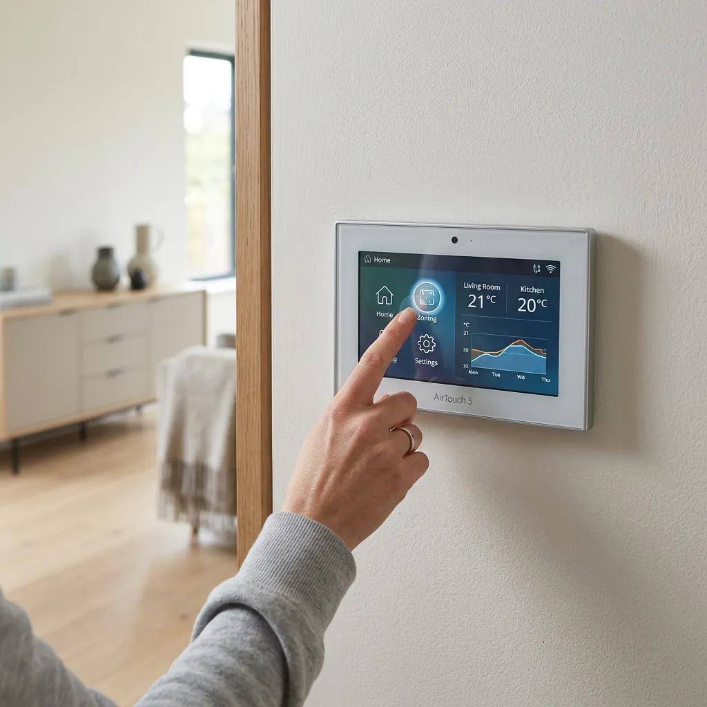 A finger interacting with the AirTouch 5 wall-mounted control panel.
