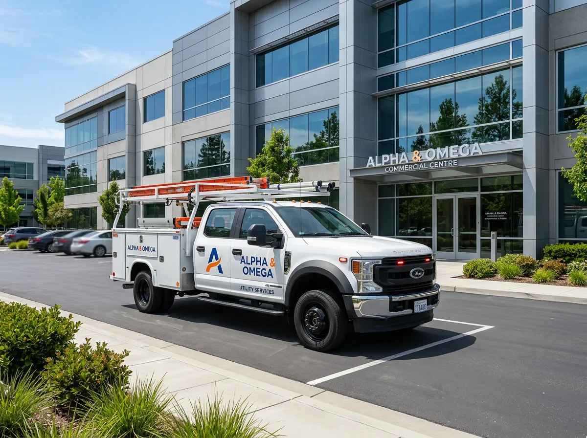 White Alpha & Omega branded utility truck parked in front of a modern commercial building