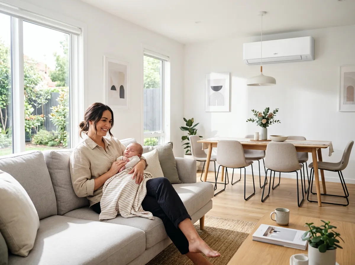 A person using a remote control to operate a modern white split system air conditioner installed above a sliding glass door.