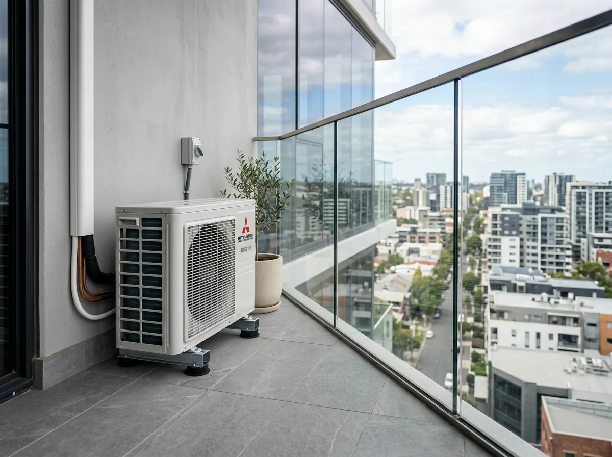 An outdoor compressor unit installed on a modern balcony with glass balustrades.