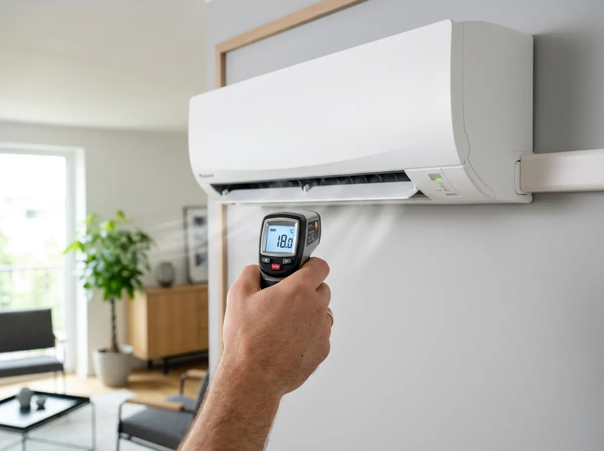 A hand holding an infrared thermometer reading 18 degrees Celsius, pointed at a running split system indoor unit.