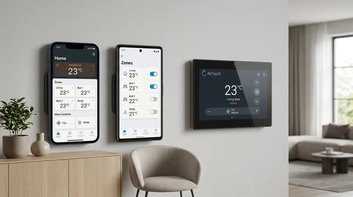 AirTouch 5 control panel next to a smartphone showing the app interface.