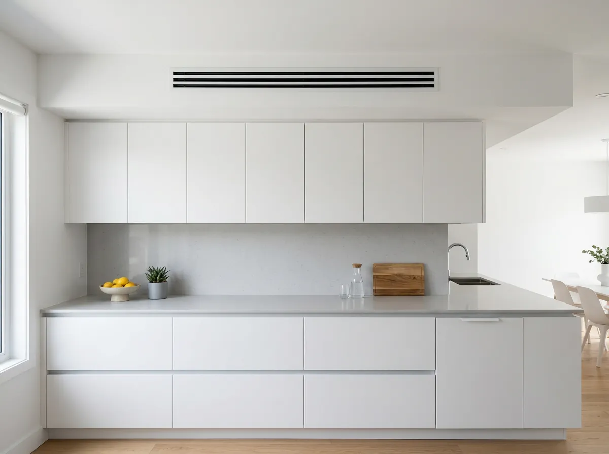 Linear air conditioning vent above modern white flat-panel cabinetry