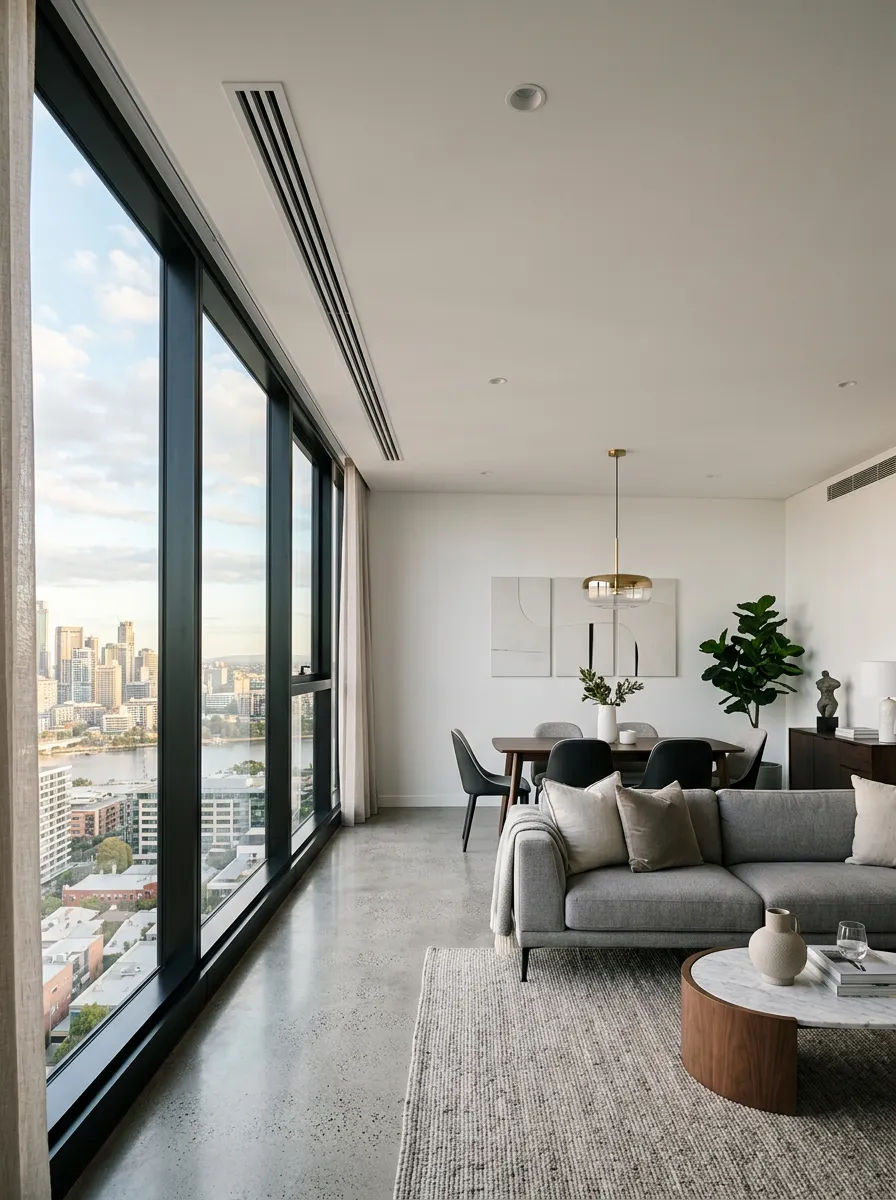 Modern interior with a large window and subtle linear air conditioning grille in the ceiling