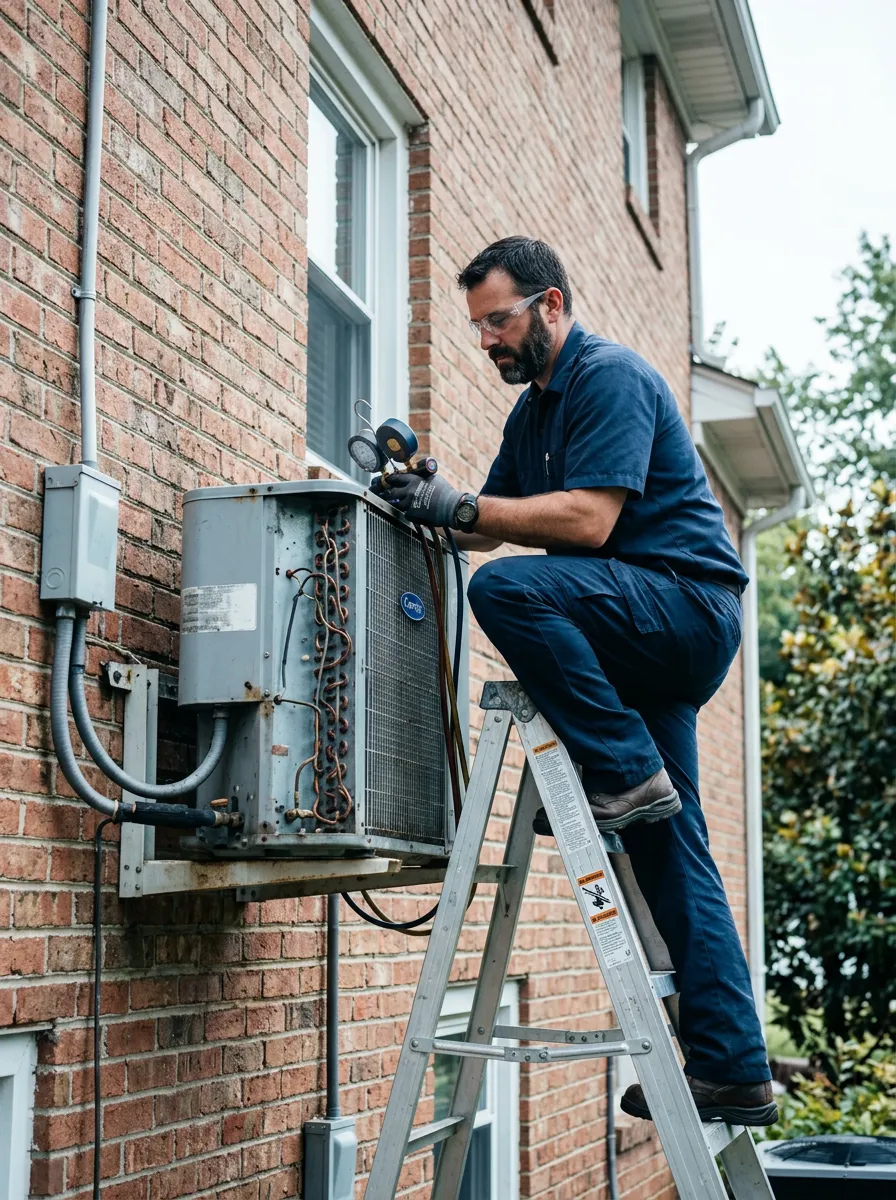 Technician on a ladder inspecting an outdoor air conditioner unit