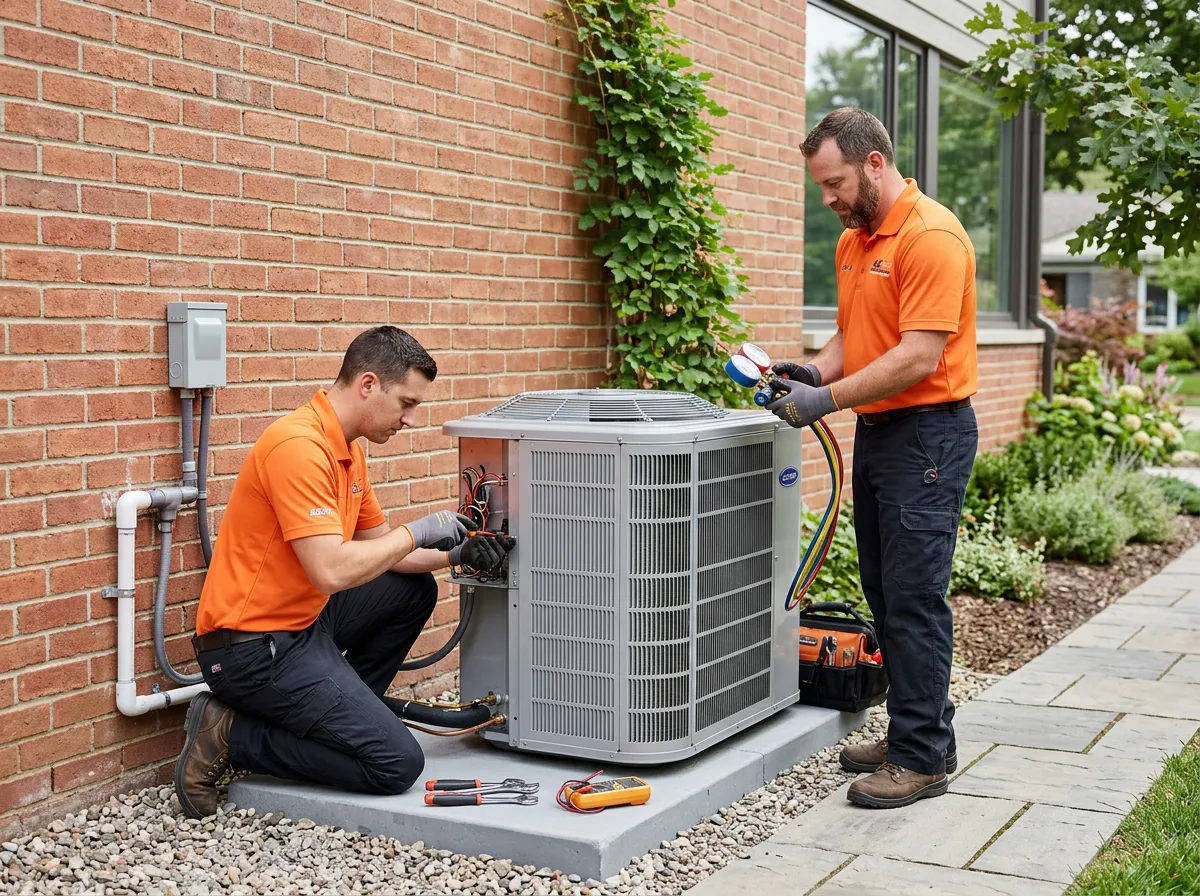 Two technicians in orange shirts installing and servicing an outdoor air conditioning compressor unit beside a brick wall.