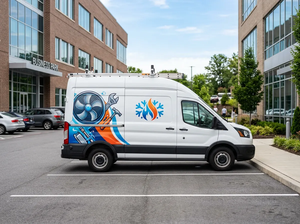 White utility truck with 'Alpha & Omega Air Conditioning Services' branding parked in a lot.
