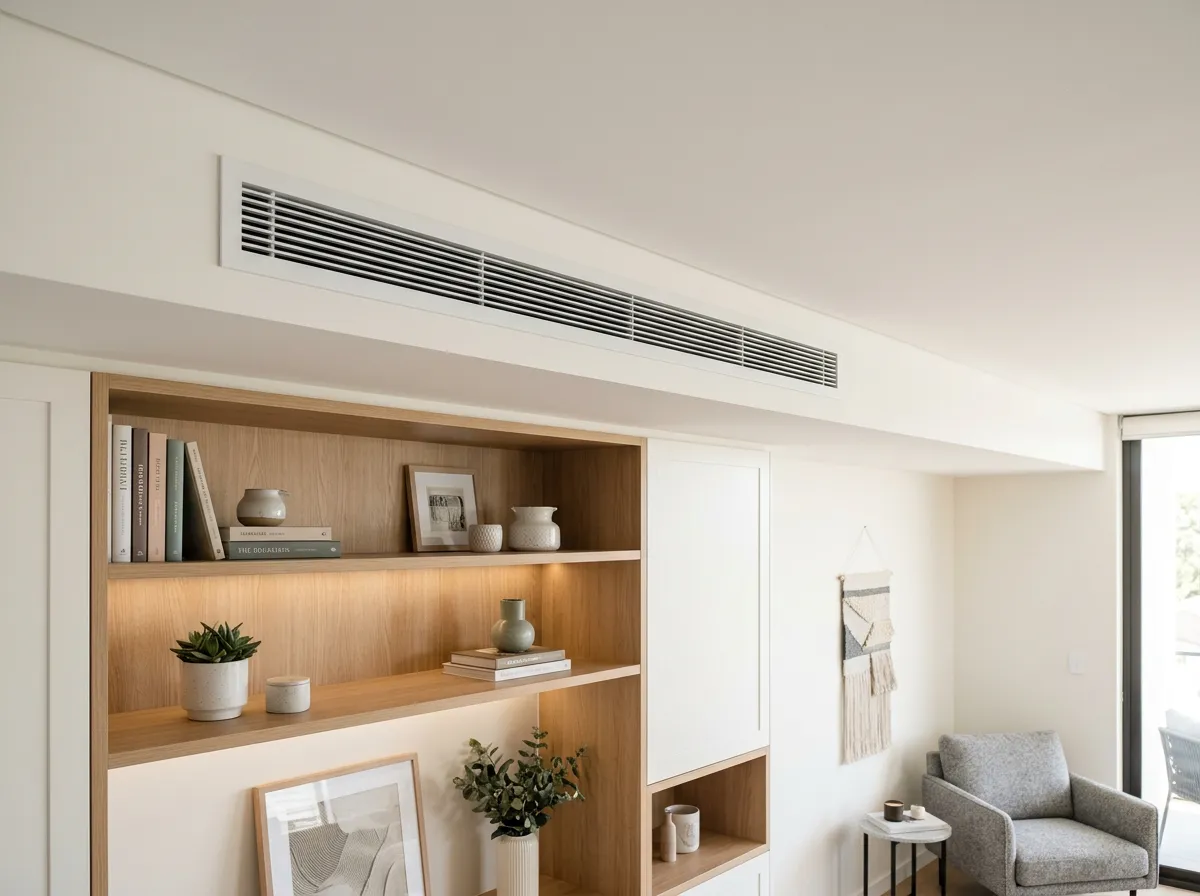 Linear air conditioning vent installed flush in a white ceiling above built-in shelving