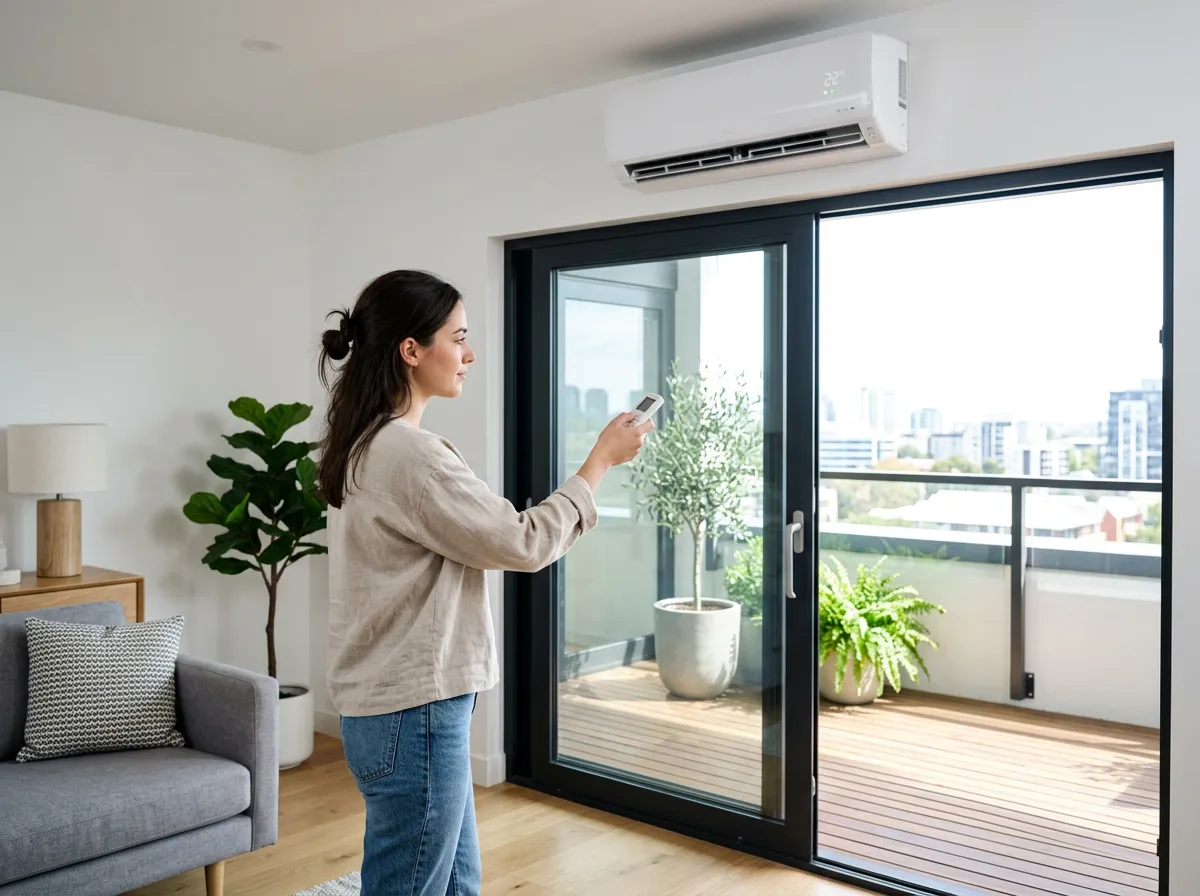 A woman relaxing with her baby in a bright living room, a sleek white split system air conditioner mounted high on the wall above dining area.