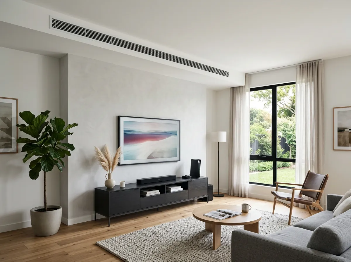 Modern minimalist living room featuring a long linear ducted air conditioning grille installed flush in the white ceiling above a dark media console.