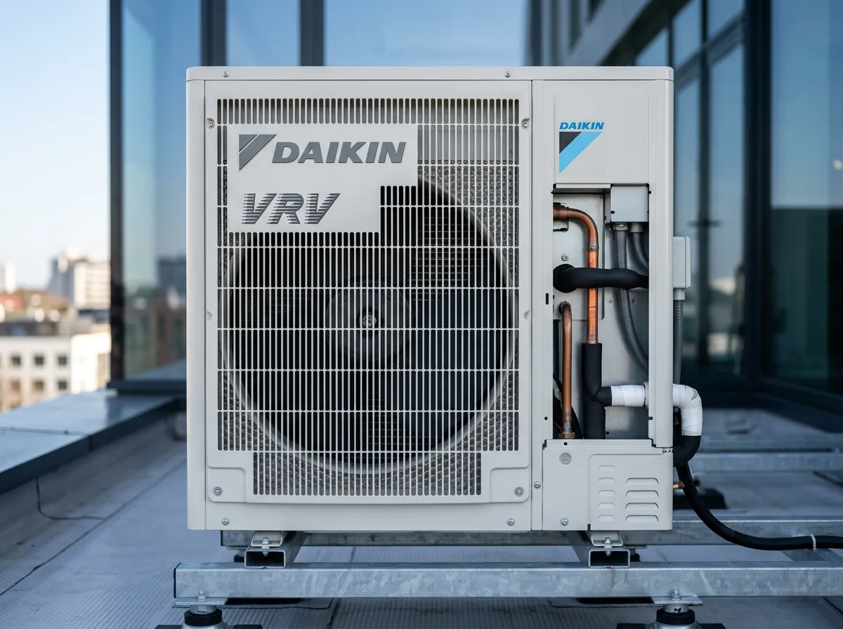 Row of large Daikin VRV outdoor compressor units installed outside a modern home