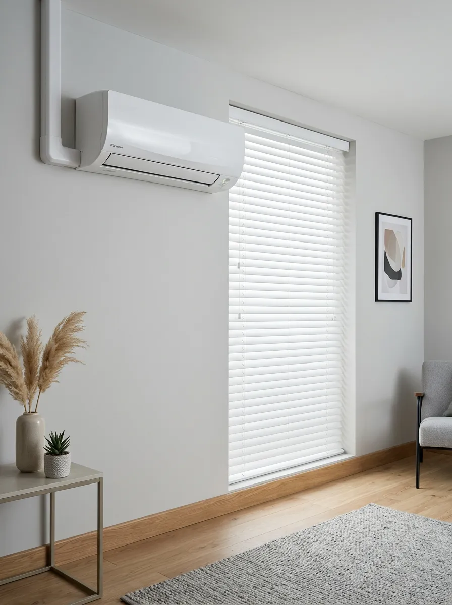 A wall-mounted Daikin split system indoor unit installed next to a window with closed blinds.