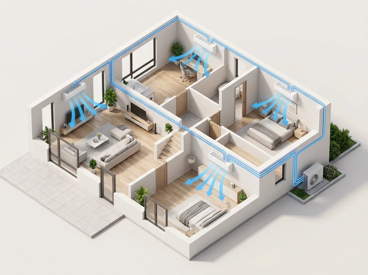 Bright modern living room interior with a white corner sofa, indoor plants, and a wall-mounted air conditioning unit