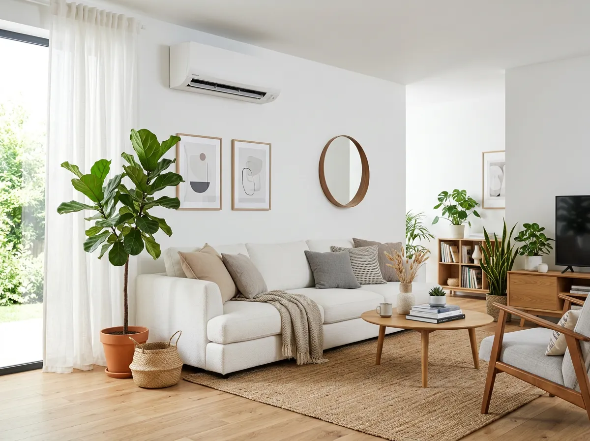 3D floor plan illustration showing a multi-split air conditioning system layout with blue airflow lines connecting an outdoor unit to indoor units