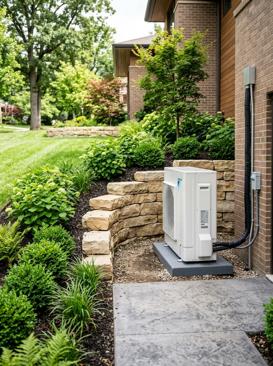 An outdoor Daikin compressor unit installed neatly on the ground next to a manicured garden bed and retaining wall.