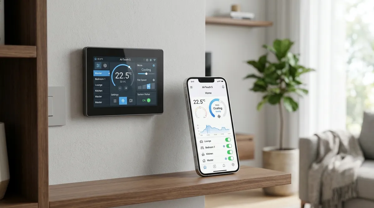 AirTouch 5 control panel mounted on a wall with two smartphones displaying the companion app interface.