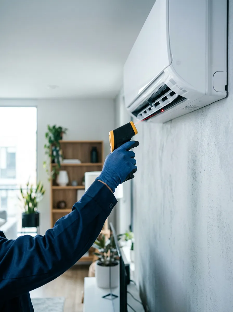 Technician using an infrared temperature gun on an indoor air conditioner