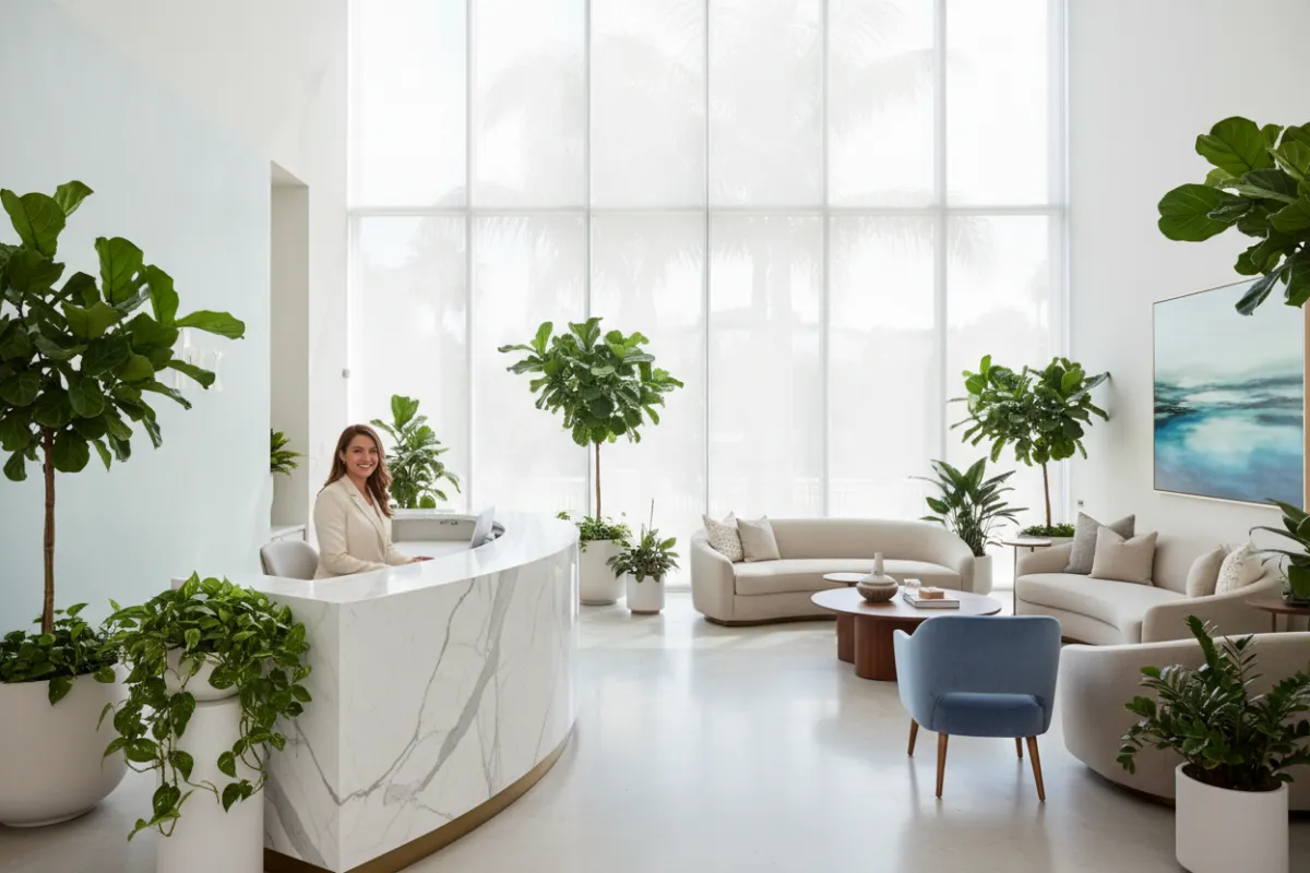 A modern reception area in a Beverly Hills clinic, featuring a welcoming receptionist at a marble desk, lush green plants, and soft natural light streaming through large windows. The space feels open, inviting, and luxurious, reinforcing a sense of comfort and professionalism.