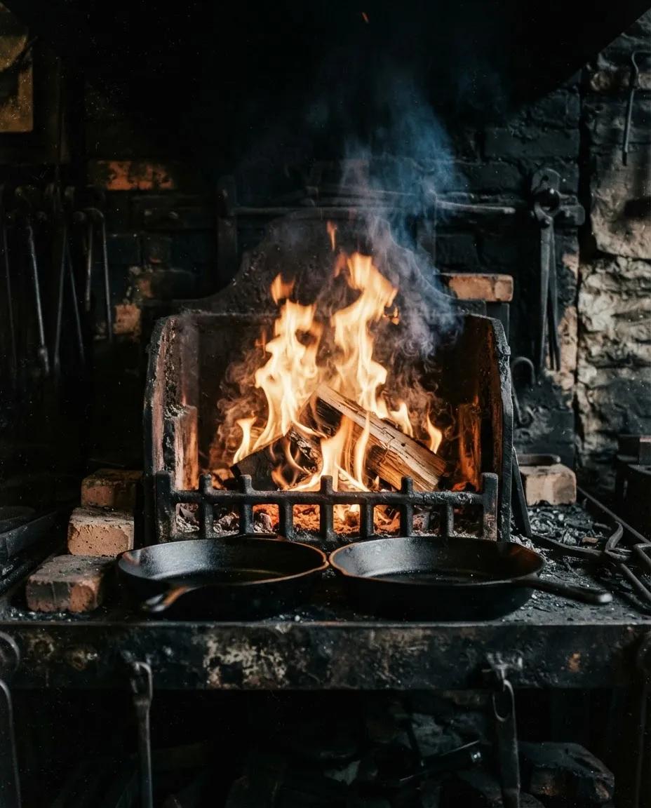 Open flame roaring in a raw industrial commercial hearth with cast iron pans and smoke texture