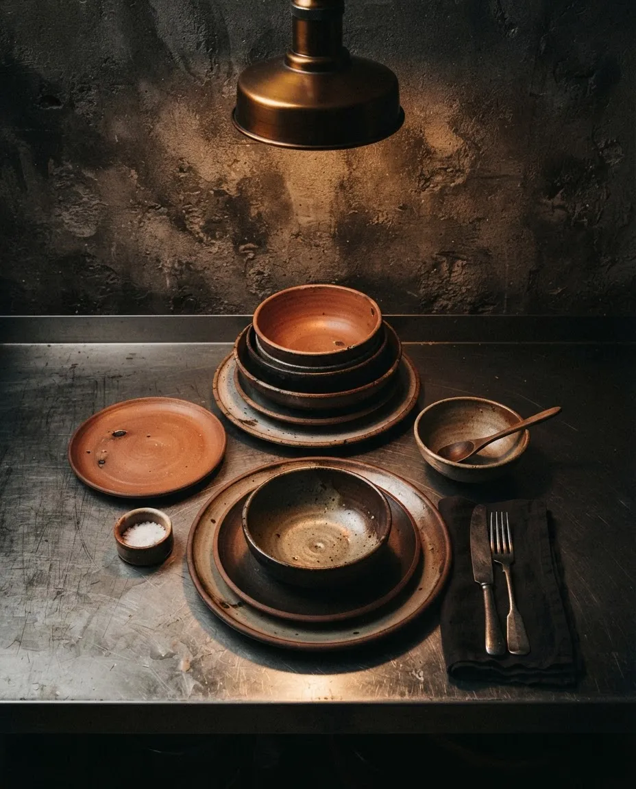 Patinated stainless steel prep surface, raw concrete masonry and hand-thrown ceramic dinnerware