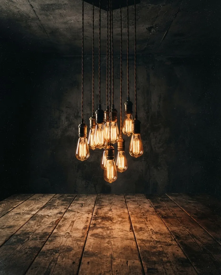 Warm amber filament lighting casting sharp dramatic shadows over weathered timber and stone tables