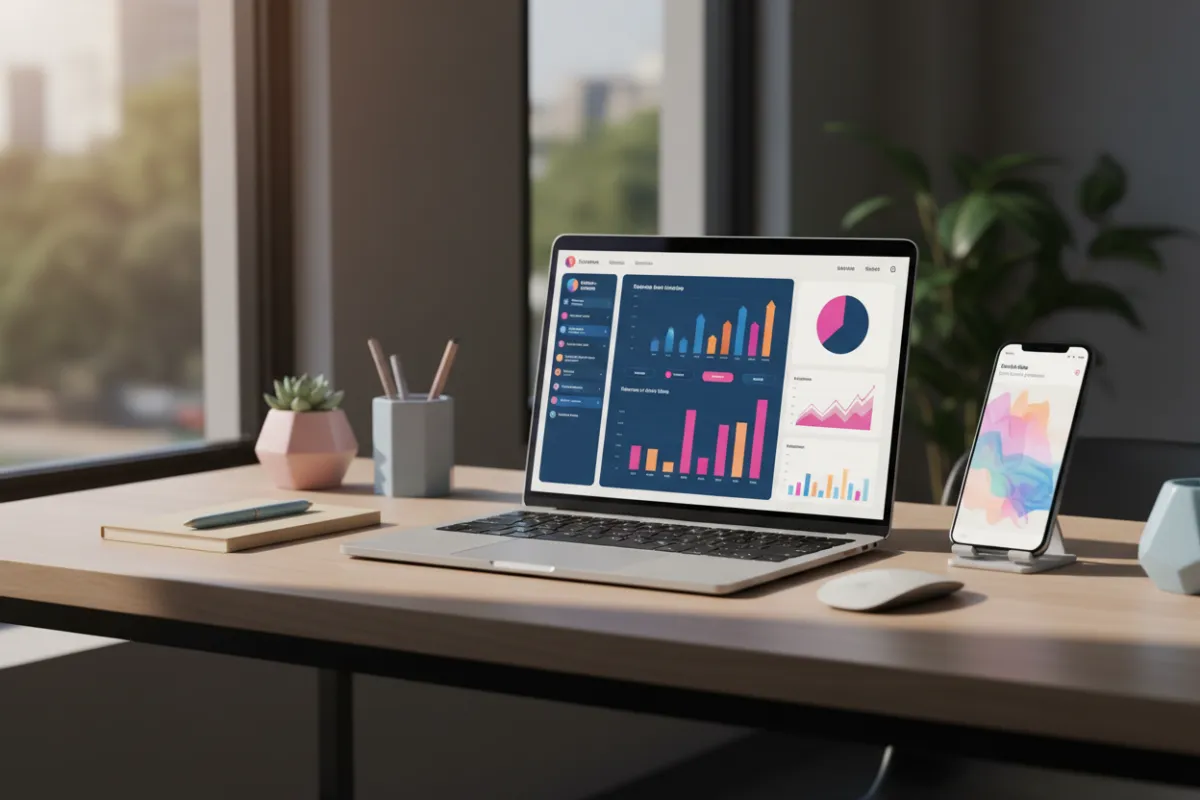 Bright modern workspace with laptop showing social analytics dashboard and creative workflow.