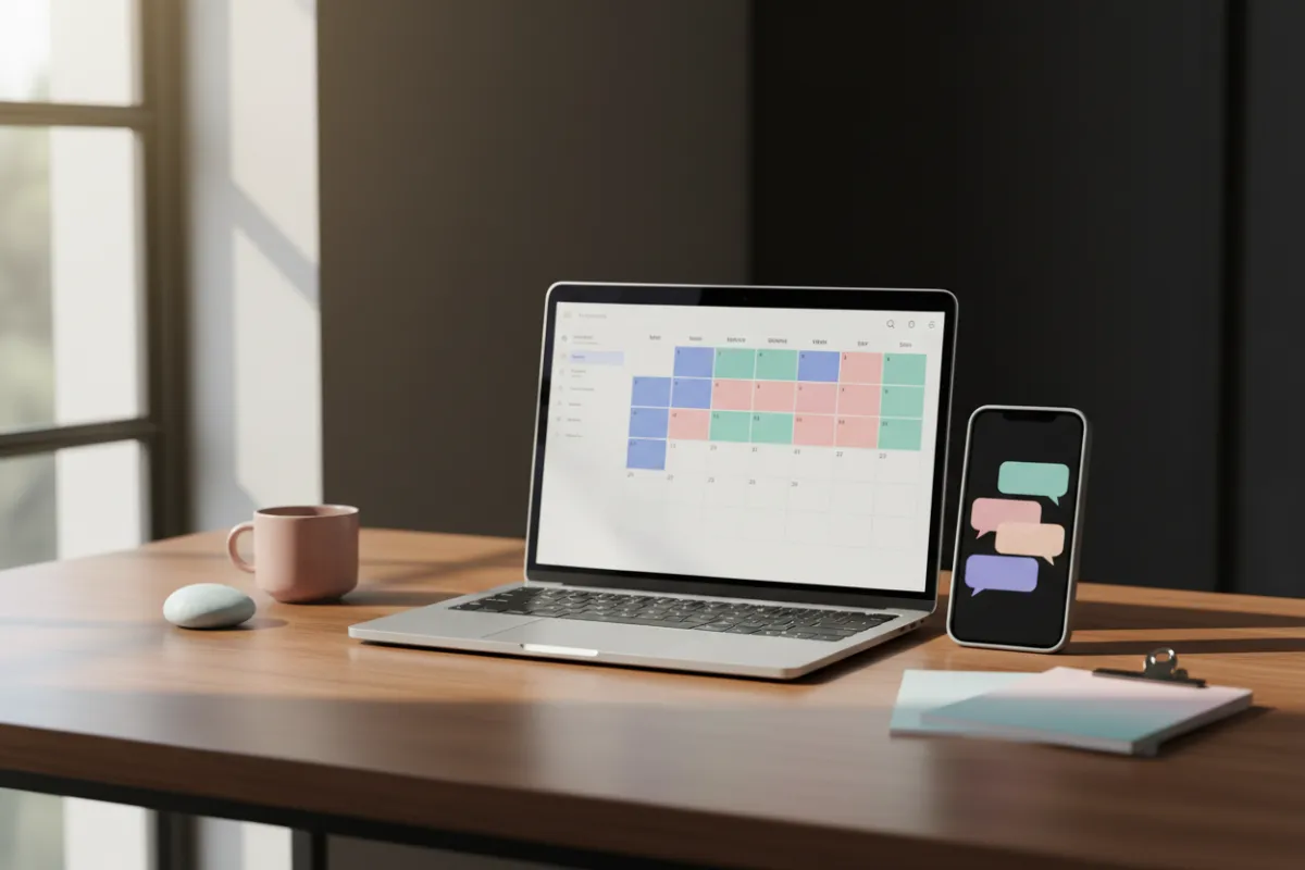 Clean desk with scheduling calendar on laptop and phone showing direct messages, suggesting easy booking and clear communication.