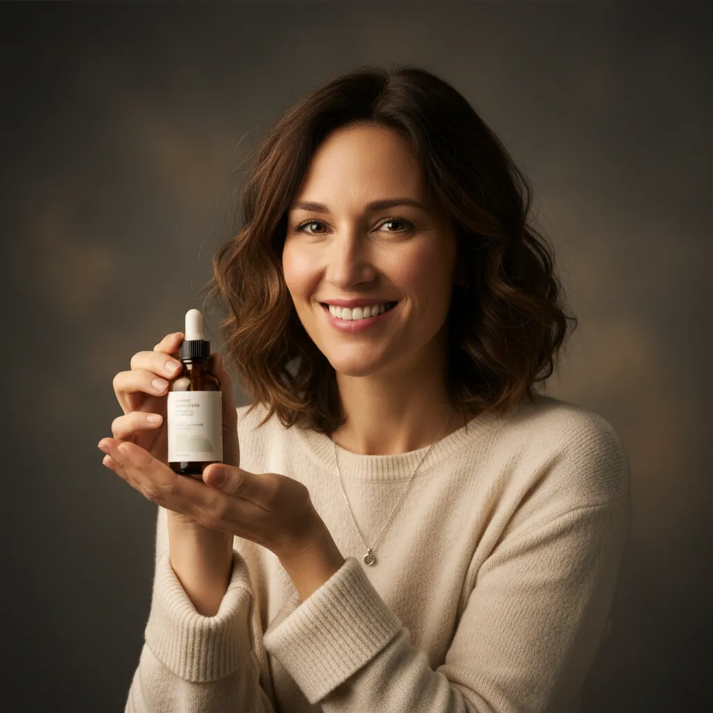 Confident small business owner smiling and holding a product in a studio setting