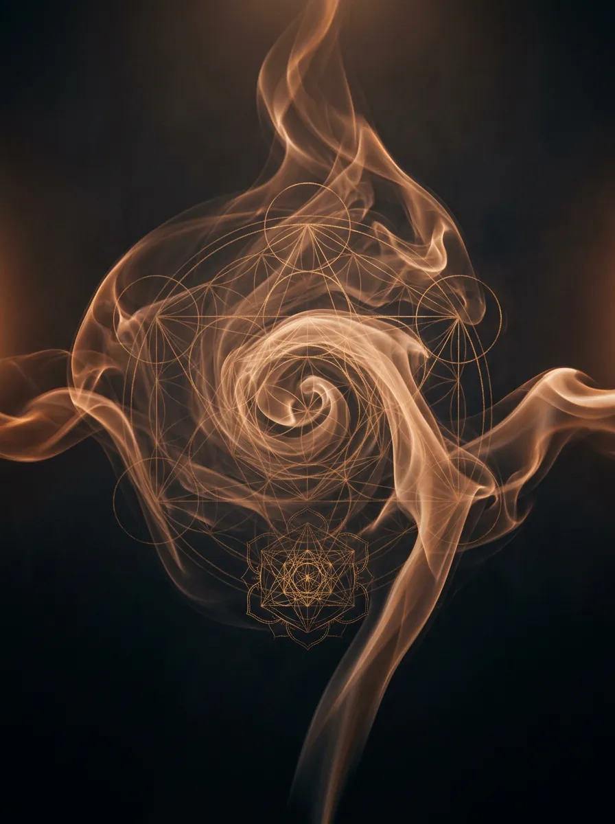 Abstract spiritual energy visualization with ethereal amber smoke and sacred geometry contours