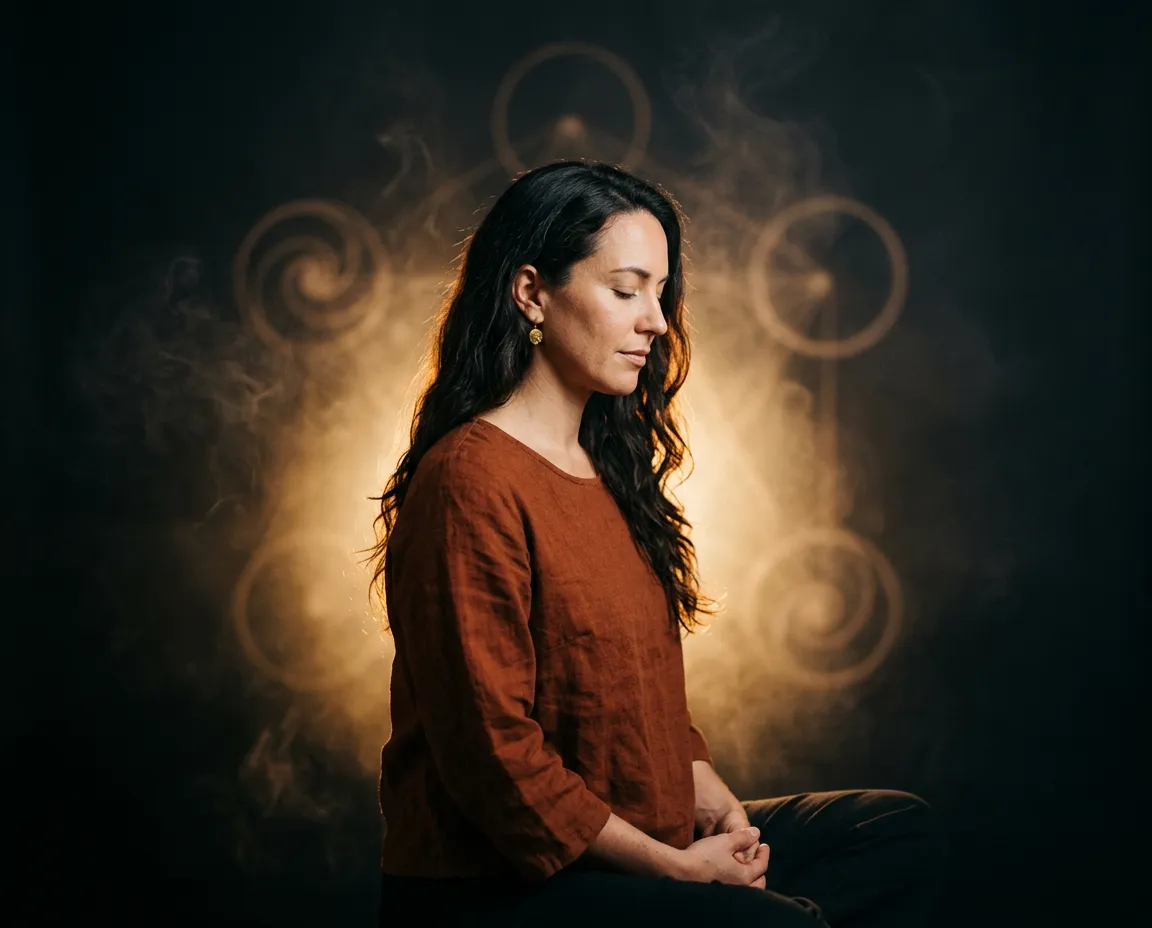 Spiritual seeker in serene deep contemplation surrounded by warm ethereal light and sacred geometric aura gradients