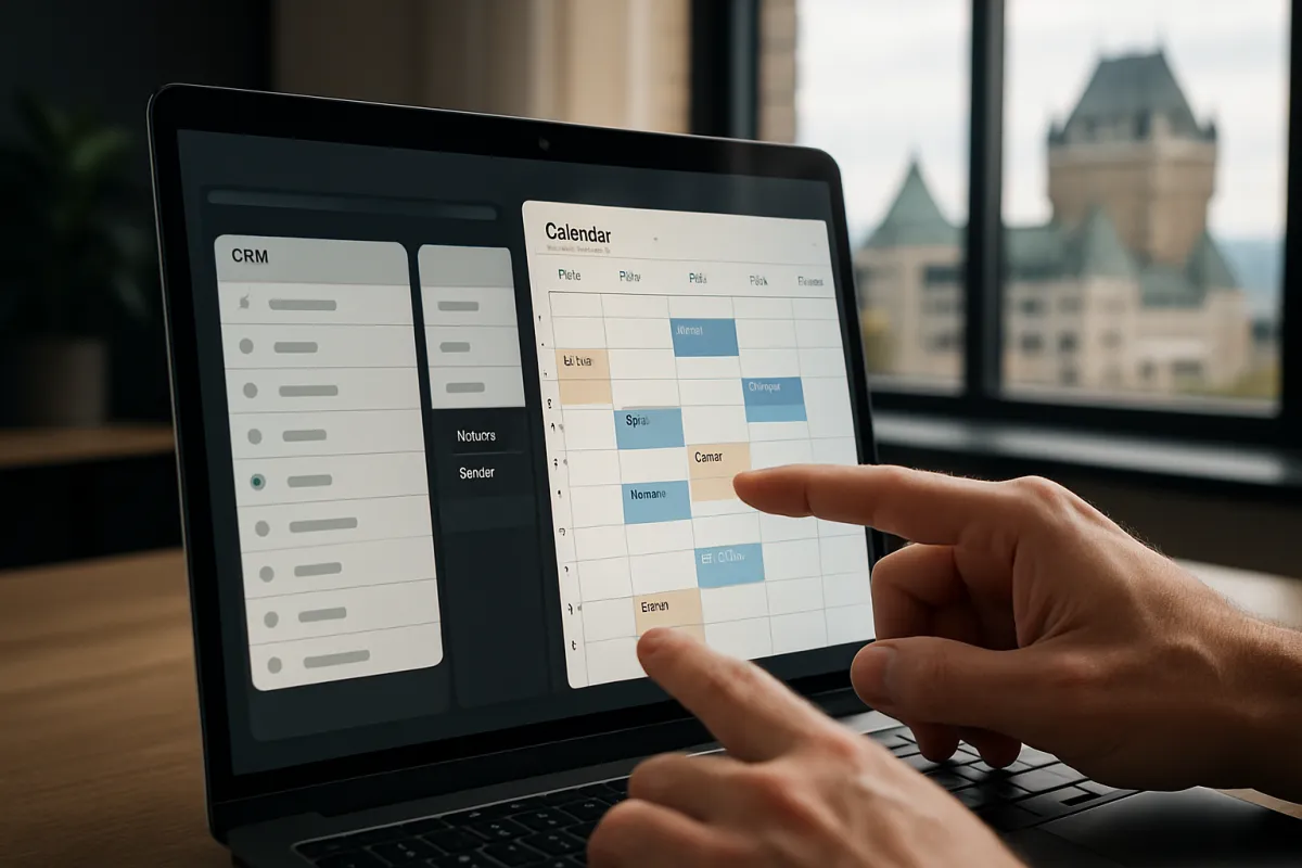 Écran d’ordinateur portable affichant un calendrier et des entrées CRM synchronisés avec des mises à jour de planification dans un bureau québécois moderne.