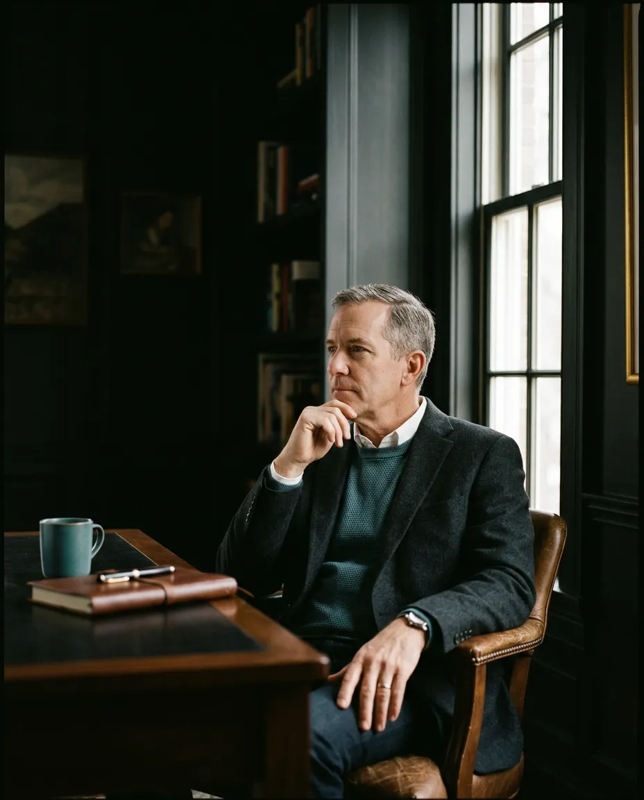 A professional reflecting in a peaceful minimalist setting, embodying dignity and self-observation