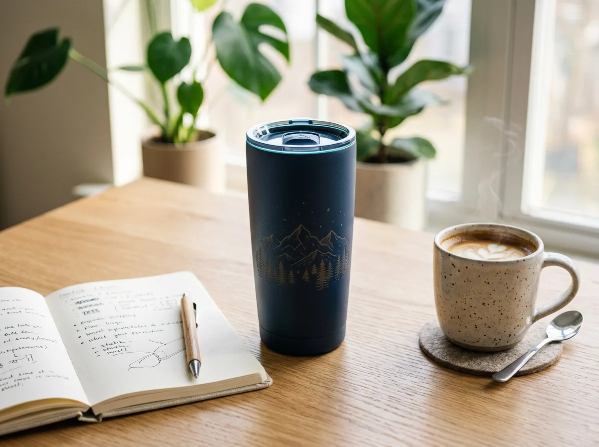 Custom laser-engraved stainless steel travel tumbler with personalized monogram and quote