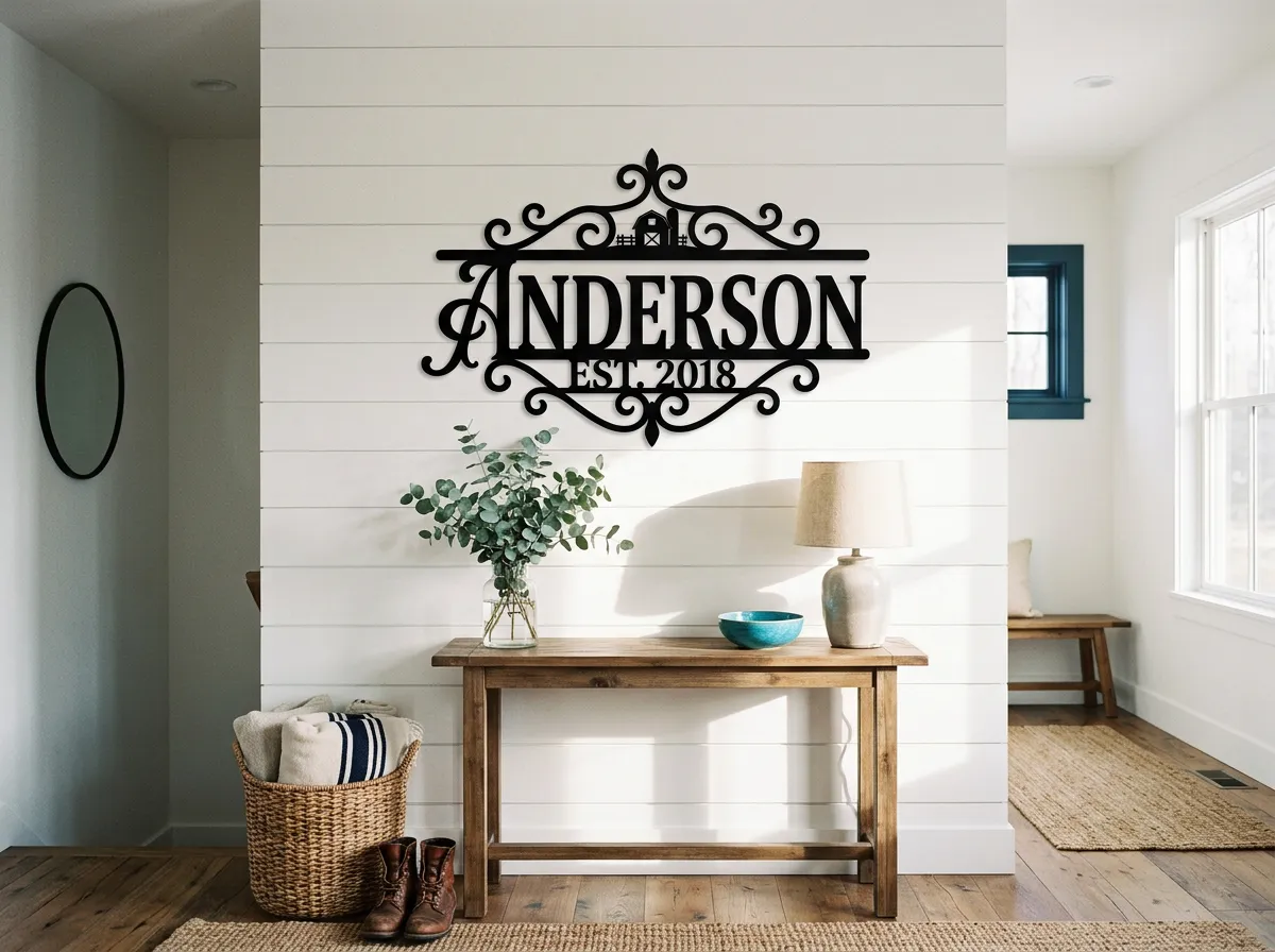 Personalized family metal sign mounted above an entryway console table in a stylish living room
