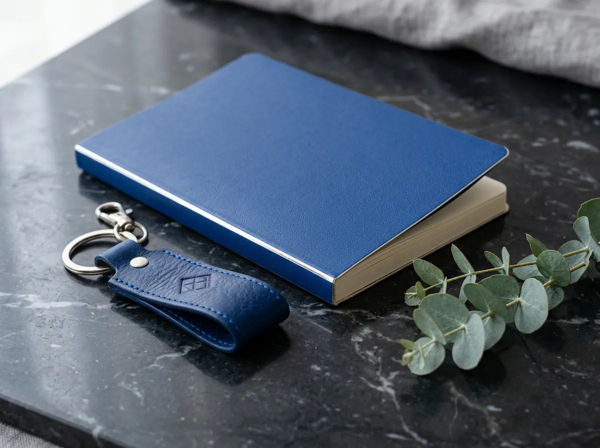 Personalized canvas tote bag and custom debossed leatherette notebook displayed on a creative workspace