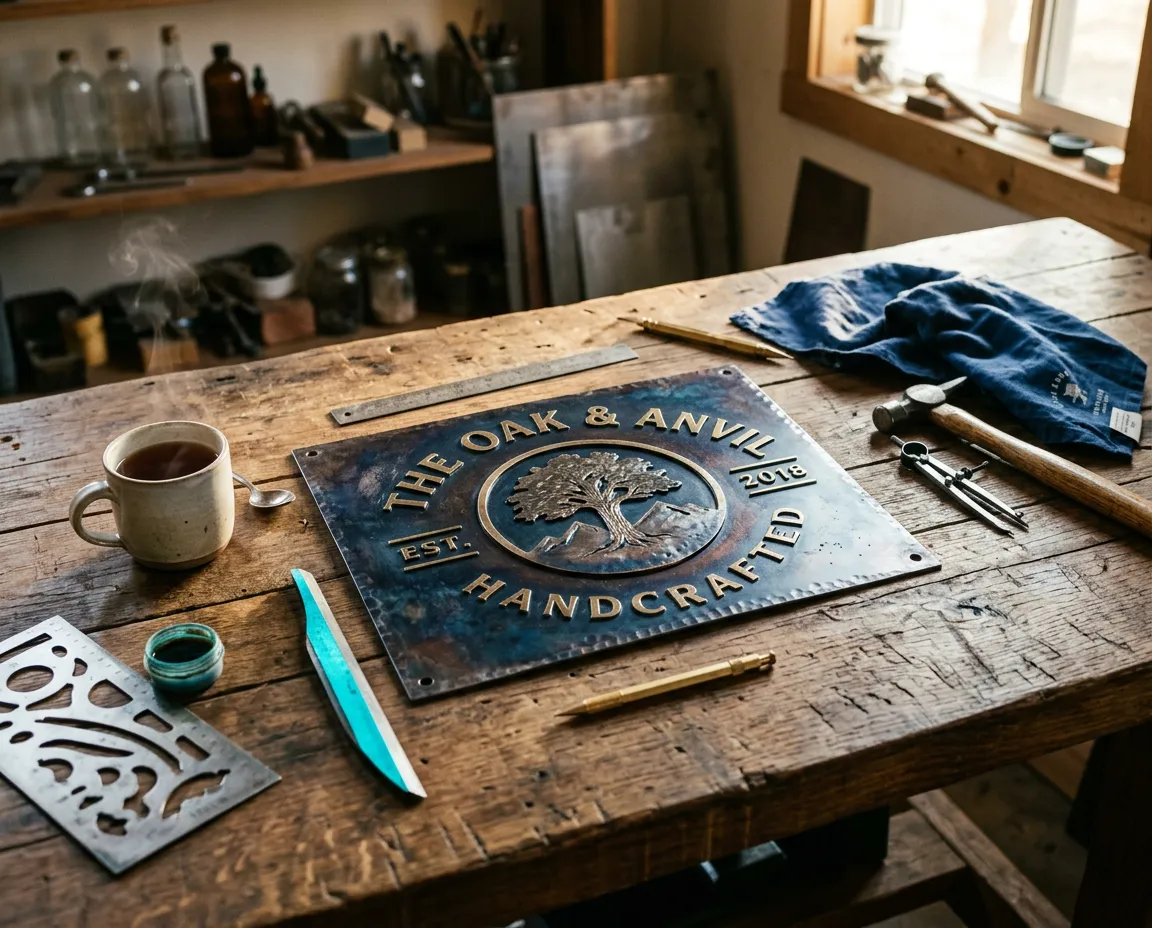 Artisan carefully crafting a custom wooden sign in a warm, sunlit workshop