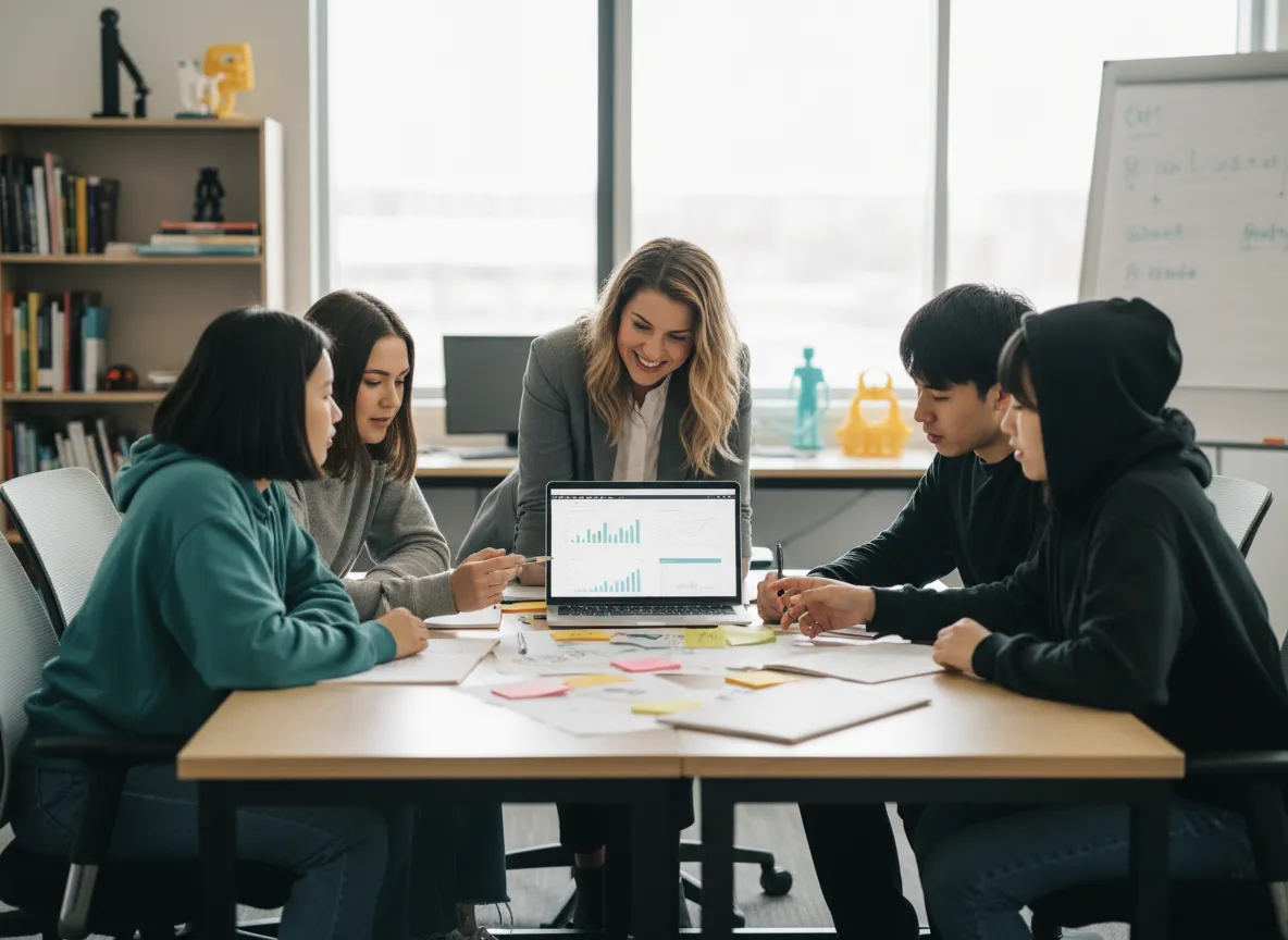 Entrepreneur mentoring students as they work on a business project