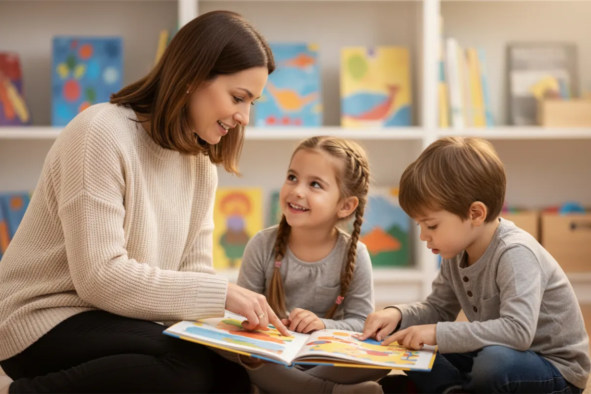 Lead teacher kneeling with two preschoolers at a reading corner, illustrating LumenSprout's nurturing, play-based approach.