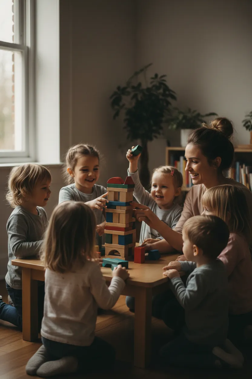 Children building with blocks under teacher guidance in a bright classroom.