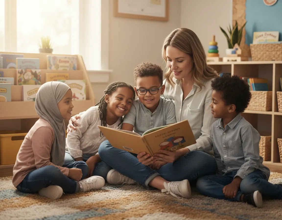Childcare teacher reading a story to a small group of smiling children