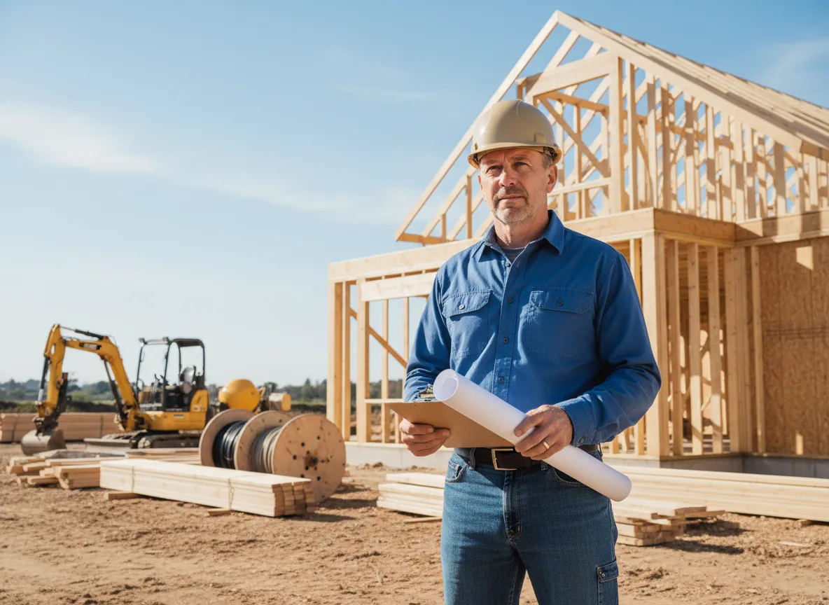Contractor reviewing home plans on construction site in Jackson MS