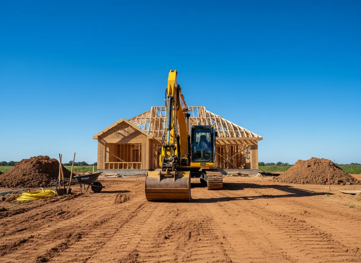 Excavator and new home construction framing in Jackson MS metro area