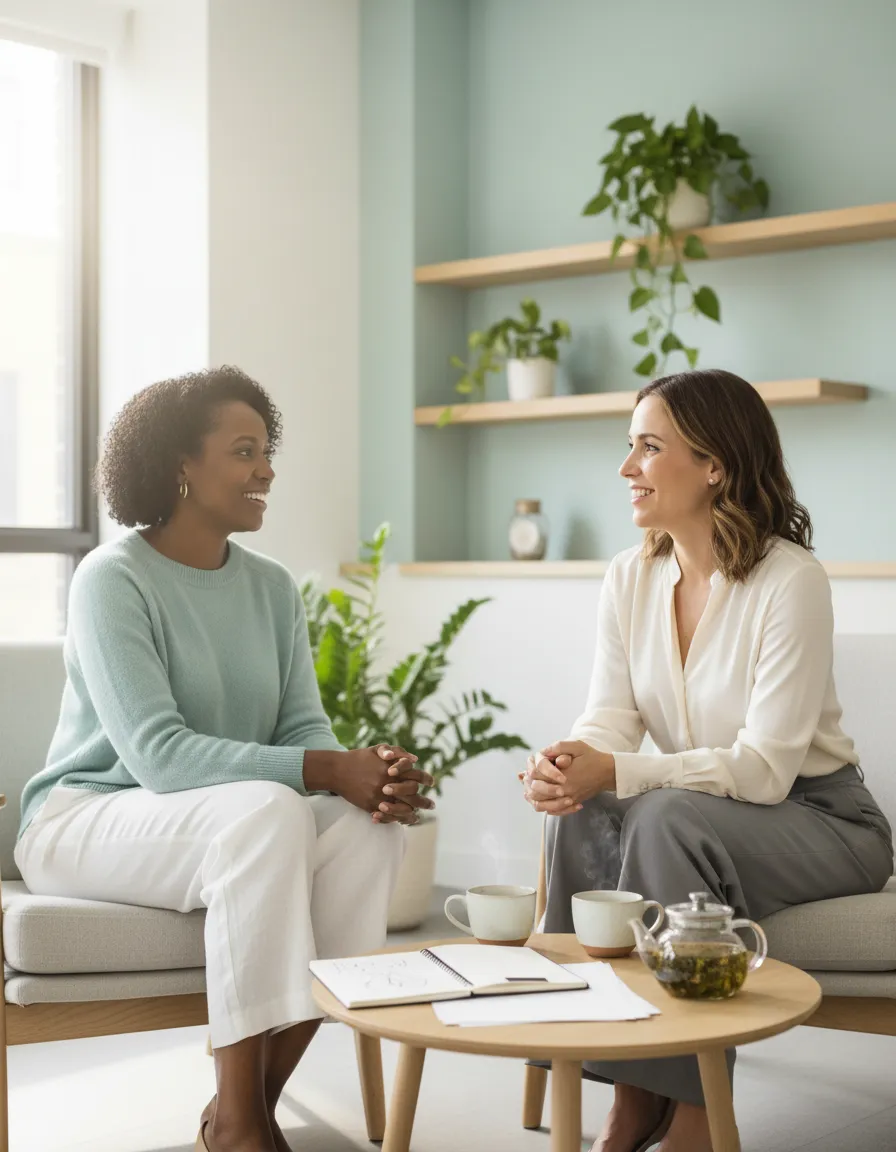 Portrait of Gloria Halim working with a client in a calm, light space