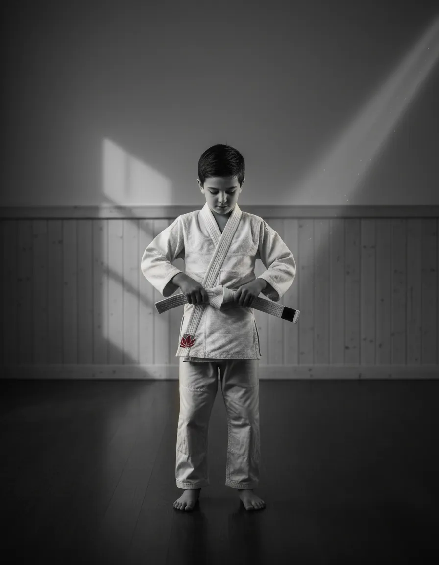 A black and white editorial image of dojo etiquette with a primary red accent, Milton Academy of Martial Arts.