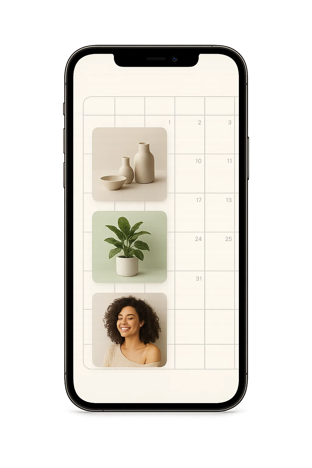 Smartphone mockup showing scheduled social media posts in PlanlyHub