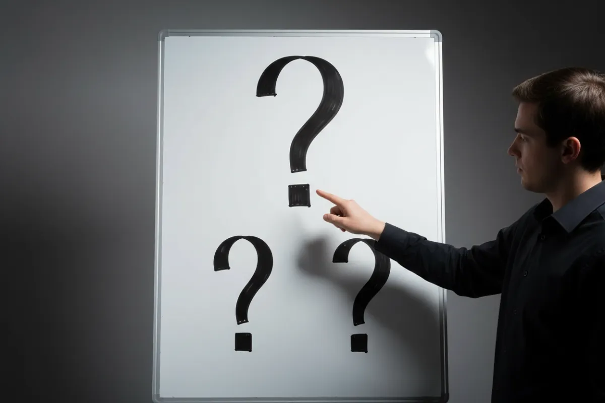 3:2 conceptual photo of a whiteboard with three bold questions written in marker and a person pointing