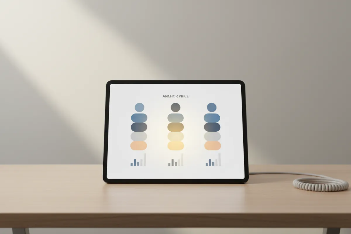 3:2 photographic composition of a tablet displaying pricing tiers with highlighted anchor price