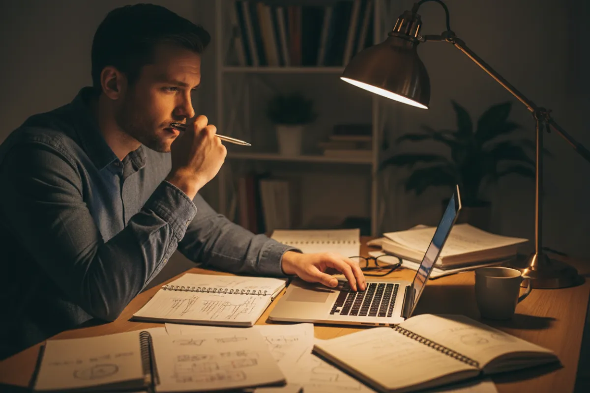 3:2 image of a copywriter surrounded by notebooks and a laptop, warm desk lamp light