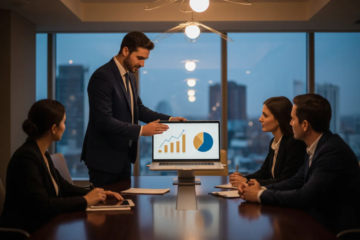 3:2 image of a coach presenting to a small group on a laptop screen with charts, warm seminar lighting