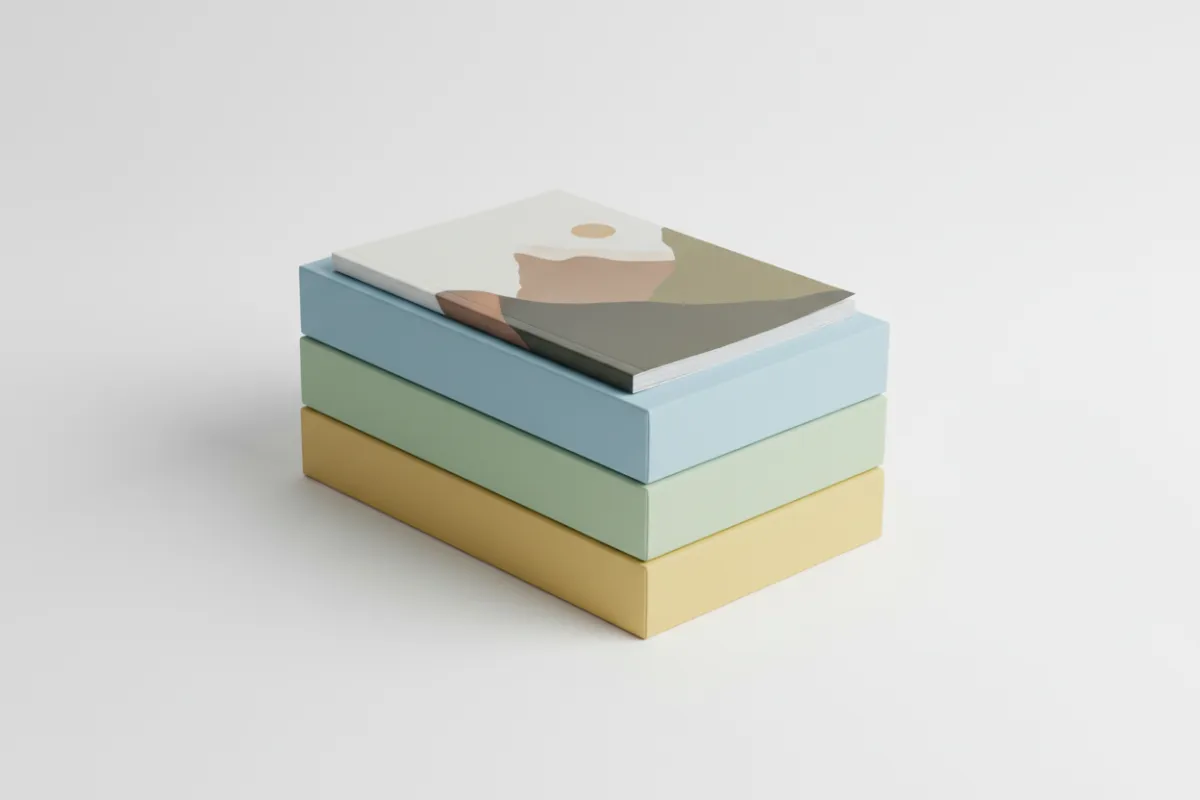 Product stack: three layered course boxes and a printed guide